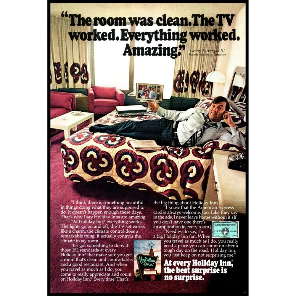1976 Holiday Inn Hotel Business Travel Vintage Print Ad American Express Decor